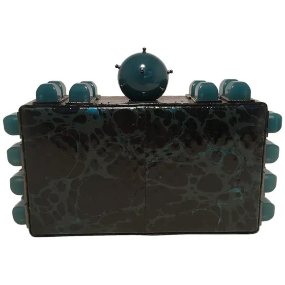 Tonya Hawkes Black Teal and Green Leather Paint Splatter Convertible Clutch - Picture 1 of 8